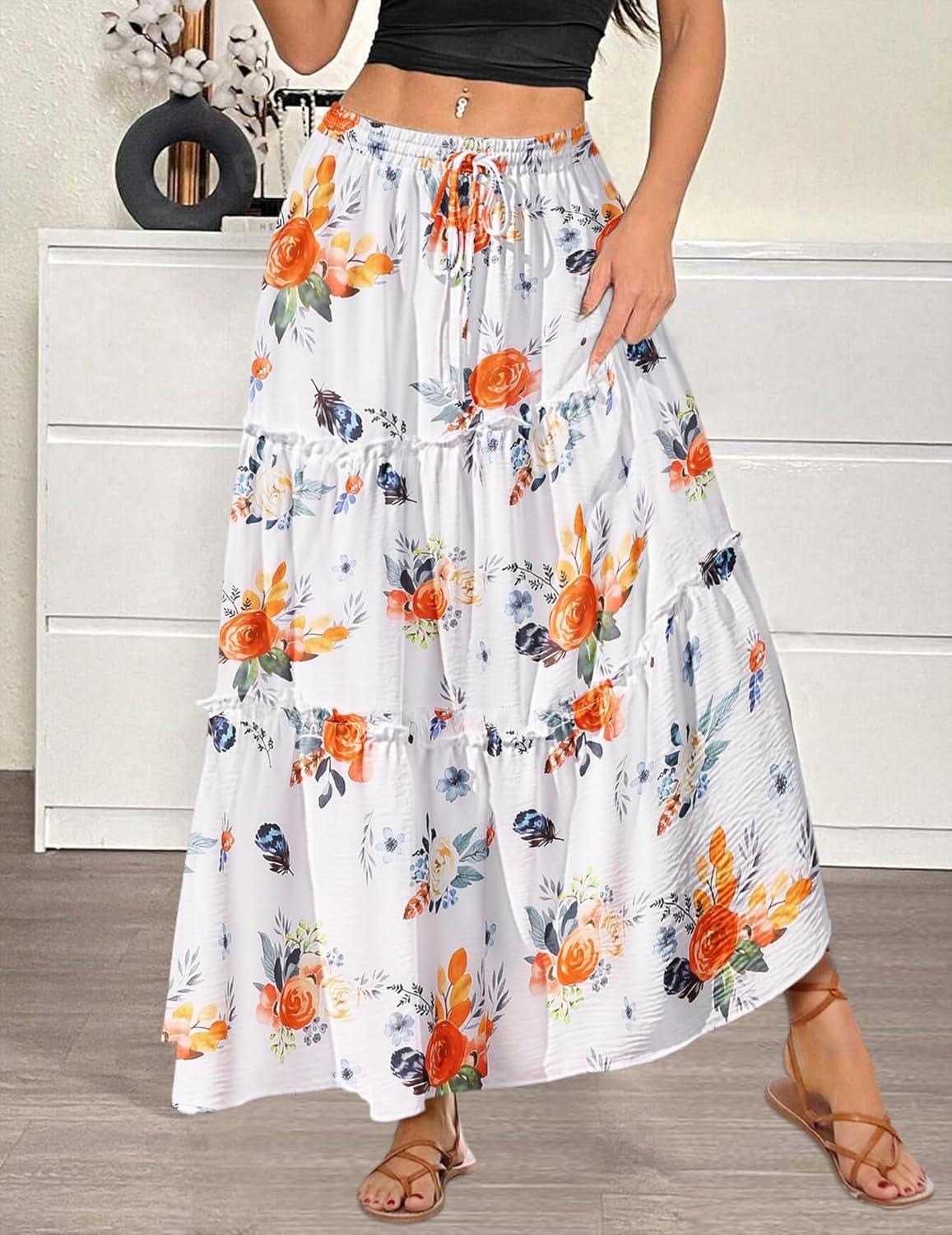 imageZeagoo Womens Casual Maxi Skirts for Women 2025 High Waist Boho Skirts Floral Printed Long Flowy Skirt with PocketsRed Floral