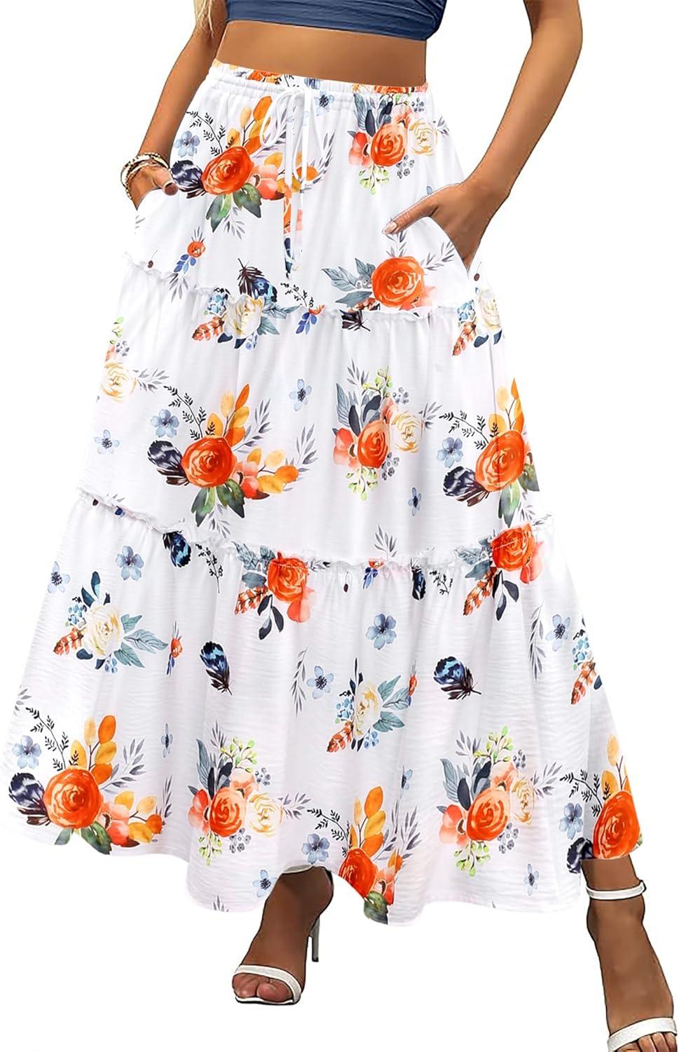 imageZeagoo Womens Casual Maxi Skirts for Women 2025 High Waist Boho Skirts Floral Printed Long Flowy Skirt with PocketsRed Floral