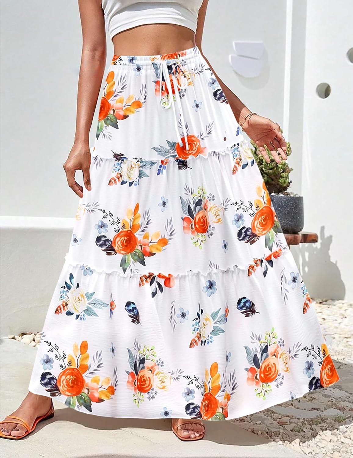 imageZeagoo Womens Casual Maxi Skirts for Women 2025 High Waist Boho Skirts Floral Printed Long Flowy Skirt with PocketsRed Floral