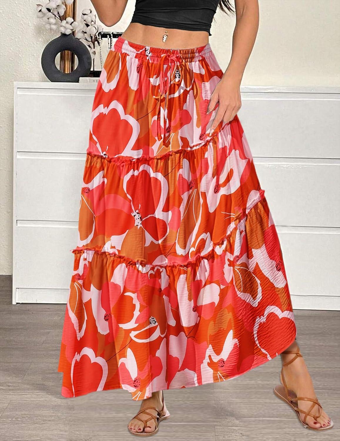 imageZeagoo Womens Casual Maxi Skirts for Women 2025 High Waist Boho Skirts Floral Printed Long Flowy Skirt with PocketsRedprinted