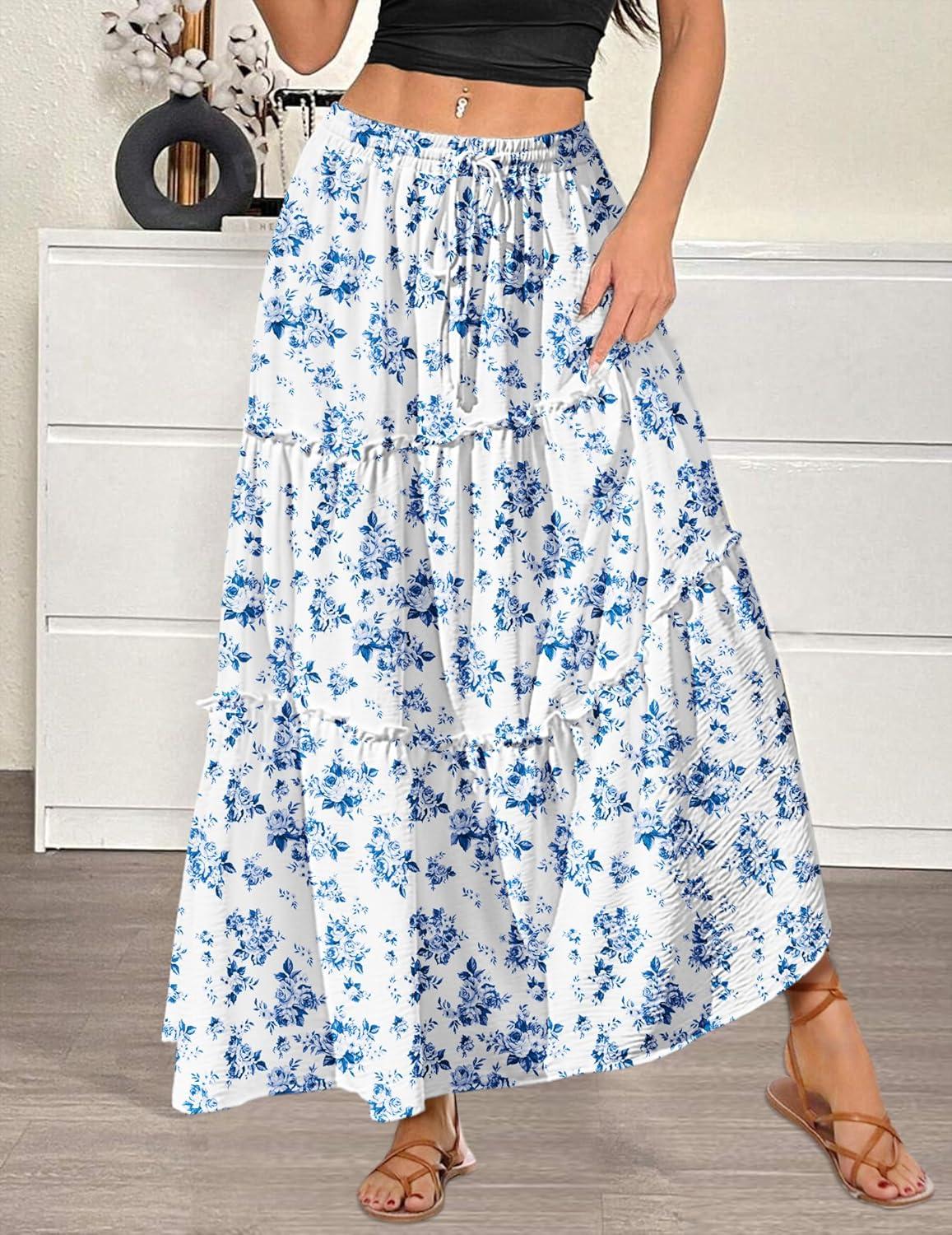 imageZeagoo Womens Casual Maxi Skirts for Women 2025 High Waist Boho Skirts Floral Printed Long Flowy Skirt with PocketsWhitefloral Printed