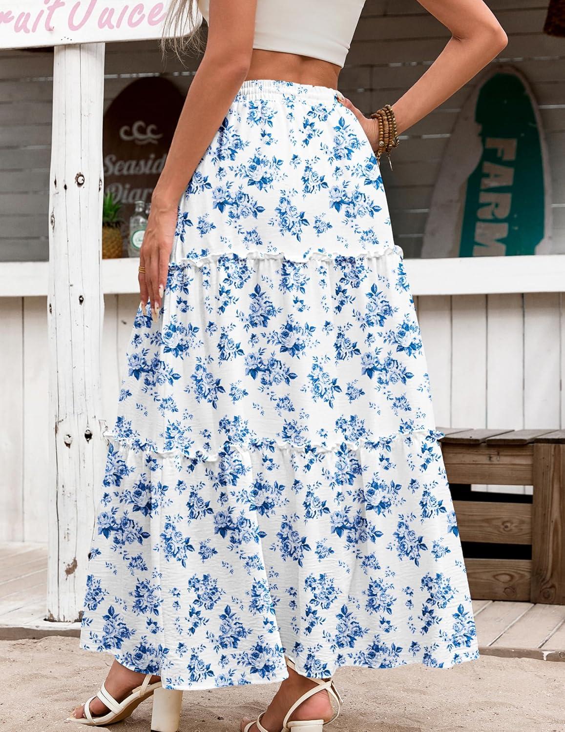 imageZeagoo Womens Casual Maxi Skirts for Women 2025 High Waist Boho Skirts Floral Printed Long Flowy Skirt with PocketsWhitefloral Printed