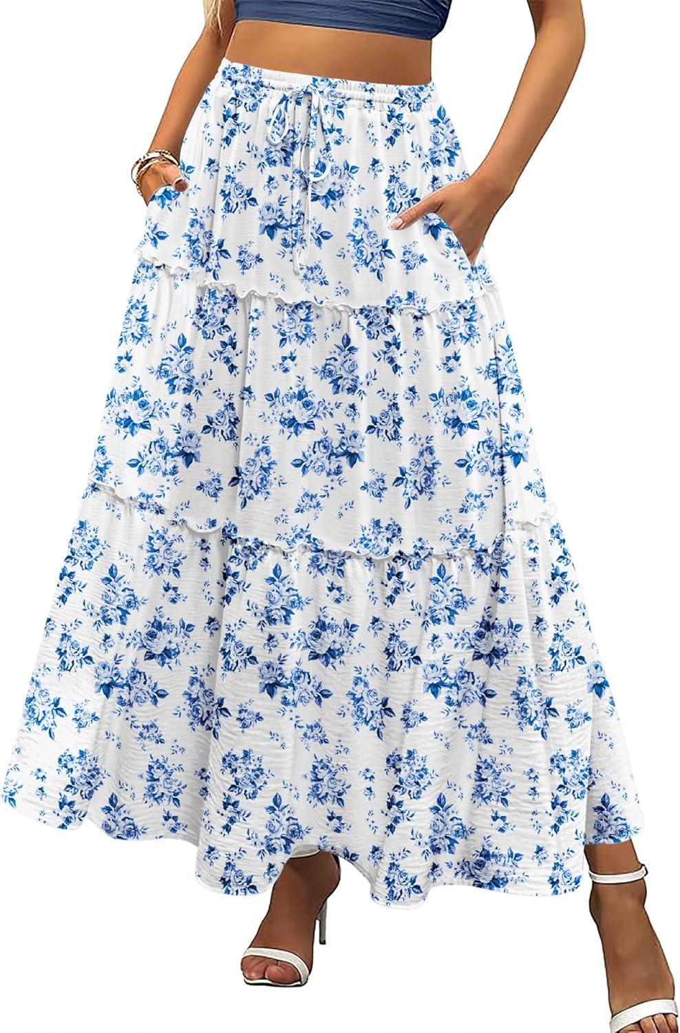 imageZeagoo Womens Casual Maxi Skirts for Women 2025 High Waist Boho Skirts Floral Printed Long Flowy Skirt with PocketsWhitefloral Printed