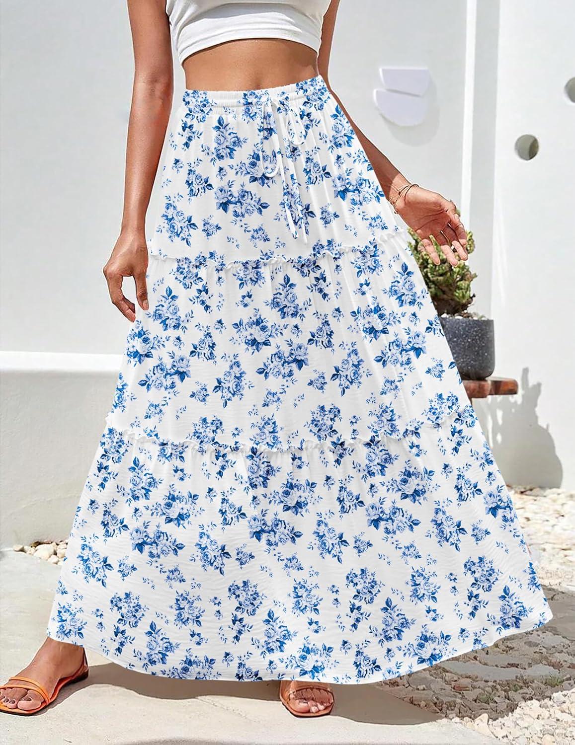 imageZeagoo Womens Casual Maxi Skirts for Women 2025 High Waist Boho Skirts Floral Printed Long Flowy Skirt with PocketsWhitefloral Printed