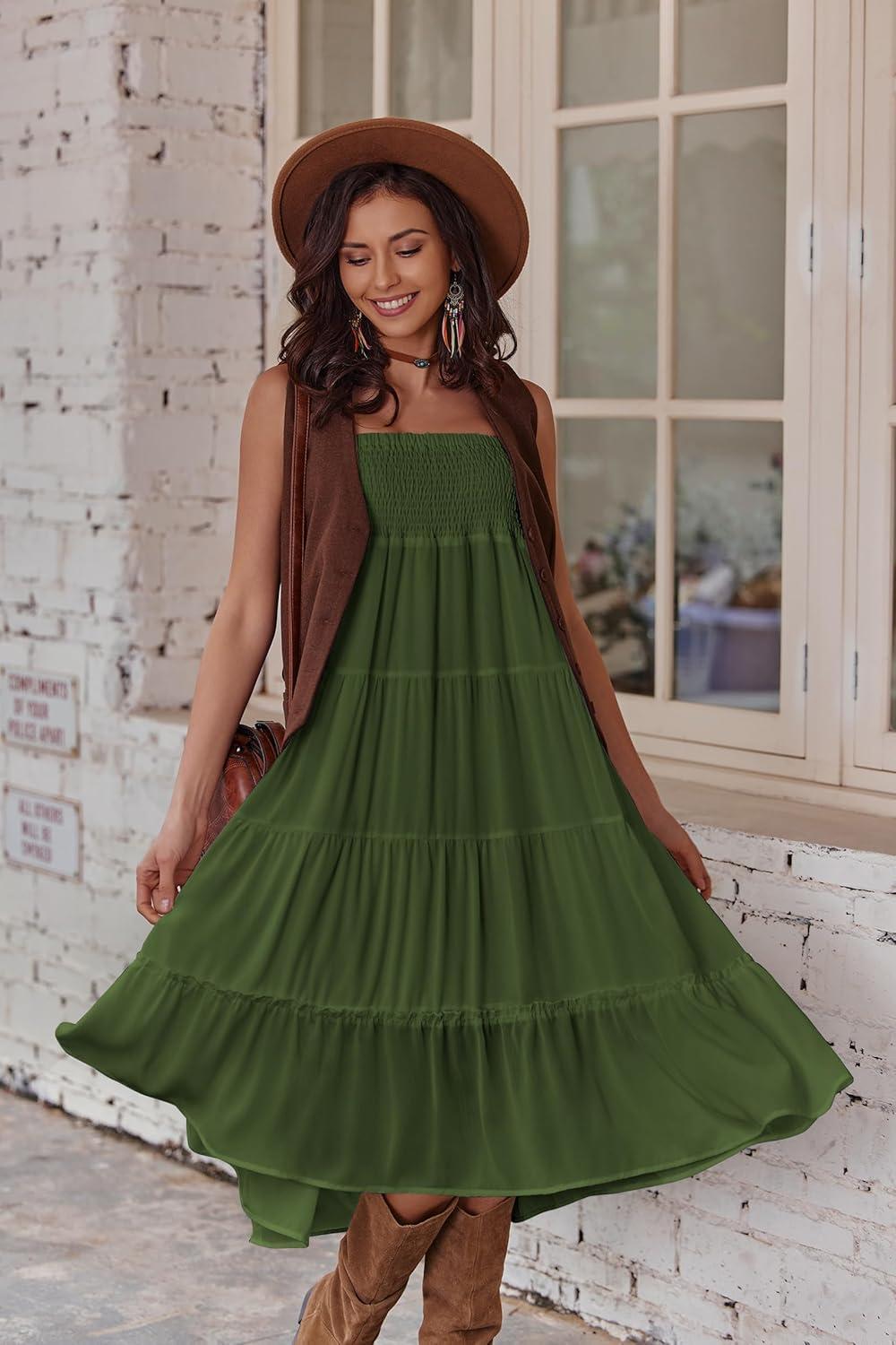 imageZeagoo Womens Long Maxi Skirts Tiered Elastic High Waist Boho Double Layered Print ALine Casual Midi DressArmy Green
