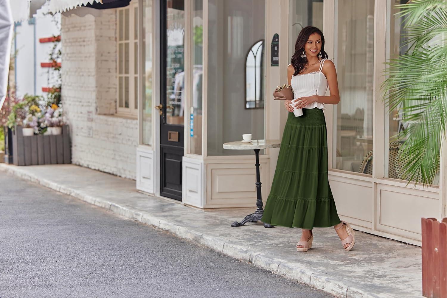imageZeagoo Womens Long Maxi Skirts Tiered Elastic High Waist Boho Double Layered Print ALine Casual Midi DressArmy Green