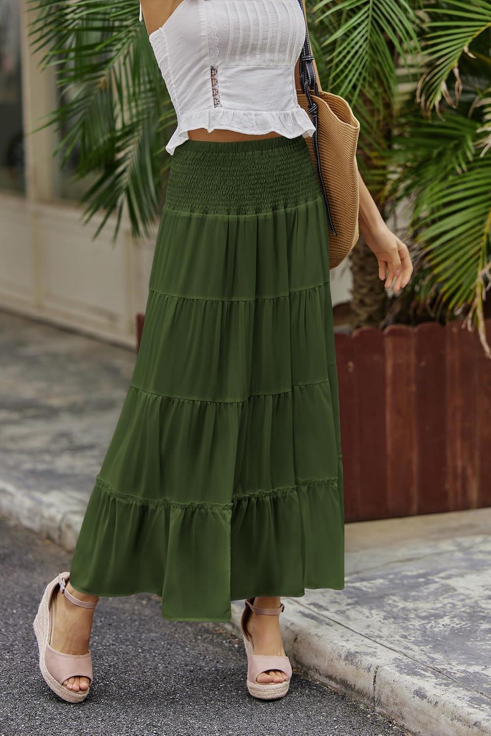 imageZeagoo Womens Long Maxi Skirts Tiered Elastic High Waist Boho Double Layered Print ALine Casual Midi DressArmy Green