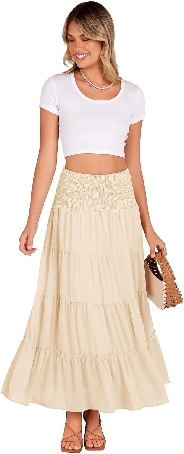 imageZeagoo Womens Long Maxi Skirts Tiered Elastic High Waist Boho Double Layered Print ALine Casual Midi DressBeige