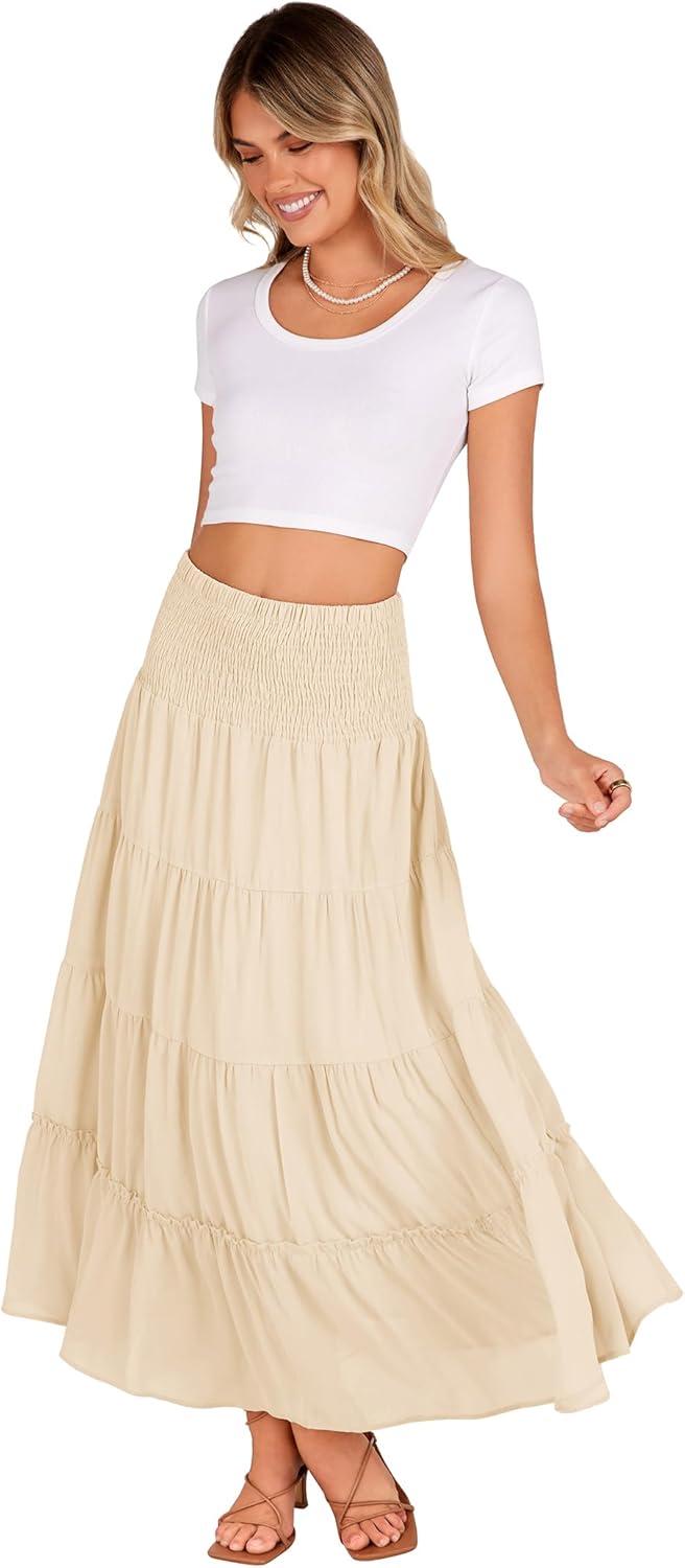 imageZeagoo Womens Long Maxi Skirts Tiered Elastic High Waist Boho Double Layered Print ALine Casual Midi DressBeige