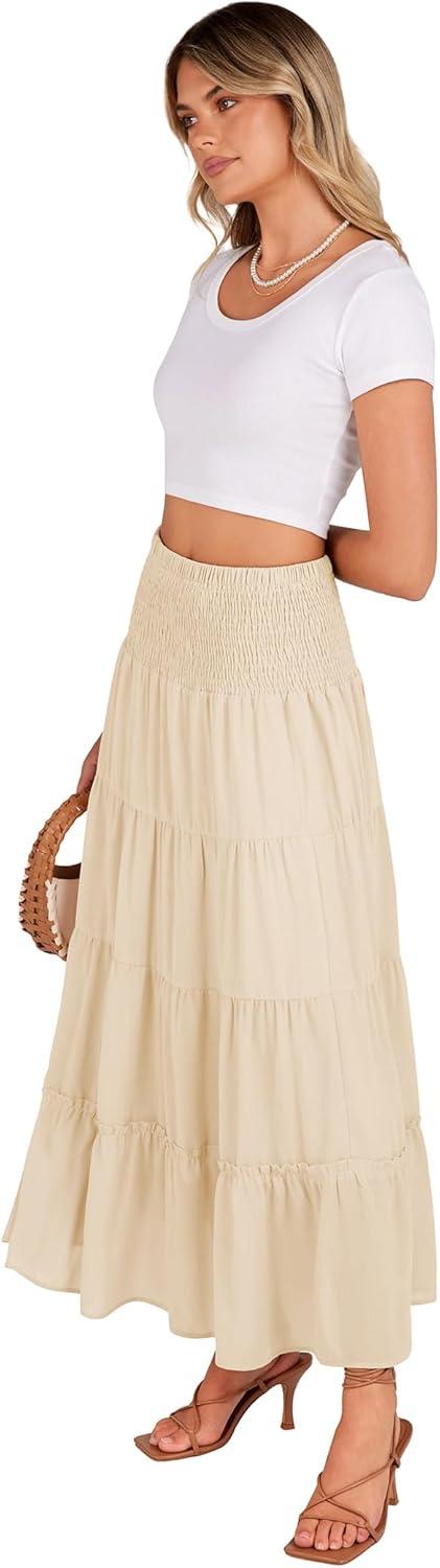 imageZeagoo Womens Long Maxi Skirts Tiered Elastic High Waist Boho Double Layered Print ALine Casual Midi DressBeige