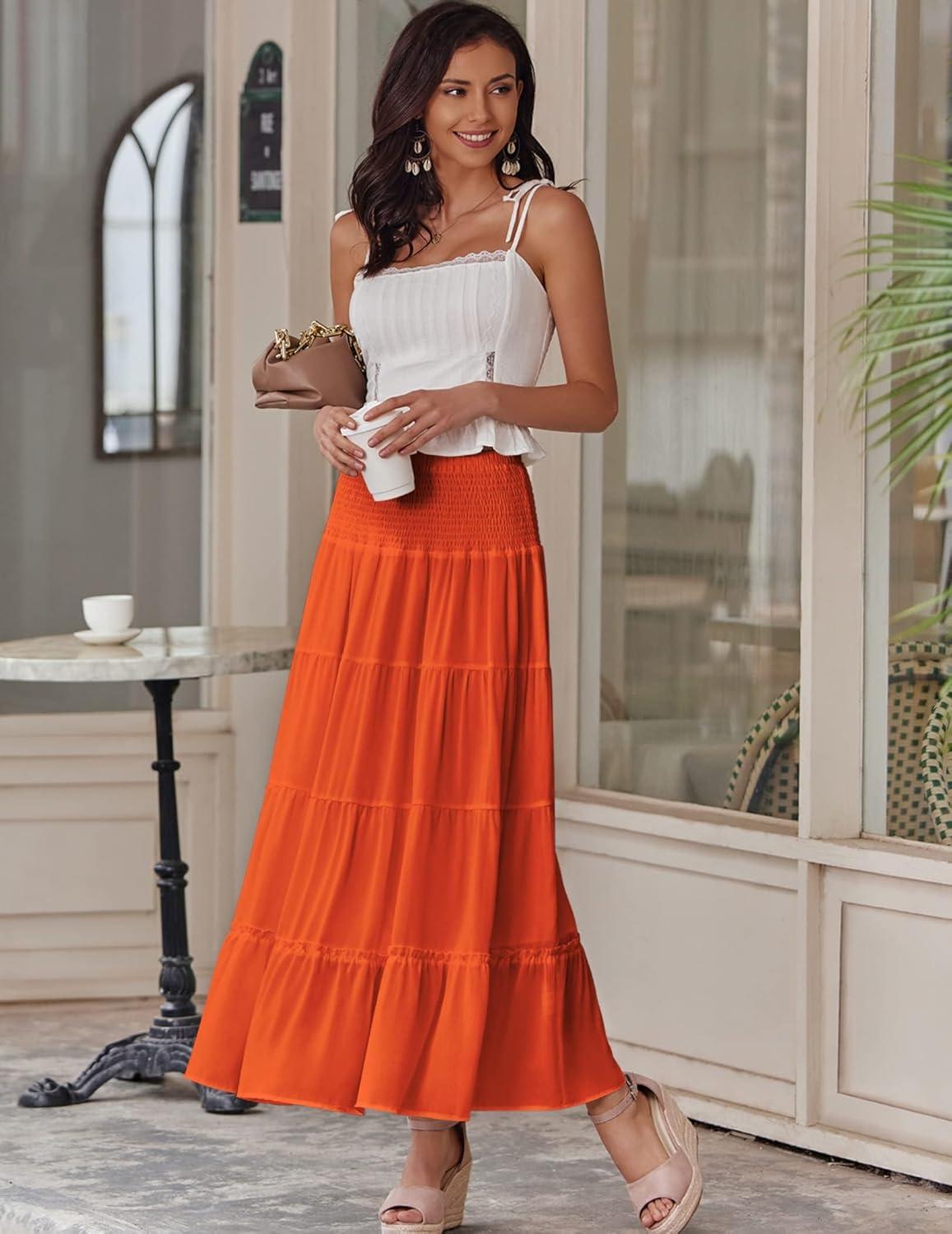 imageZeagoo Womens Long Maxi Skirts Tiered Elastic High Waist Boho Double Layered Print ALine Casual Midi DressCaramel