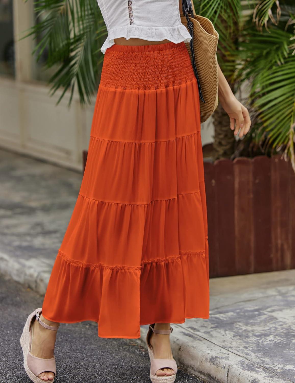 imageZeagoo Womens Long Maxi Skirts Tiered Elastic High Waist Boho Double Layered Print ALine Casual Midi DressCaramel