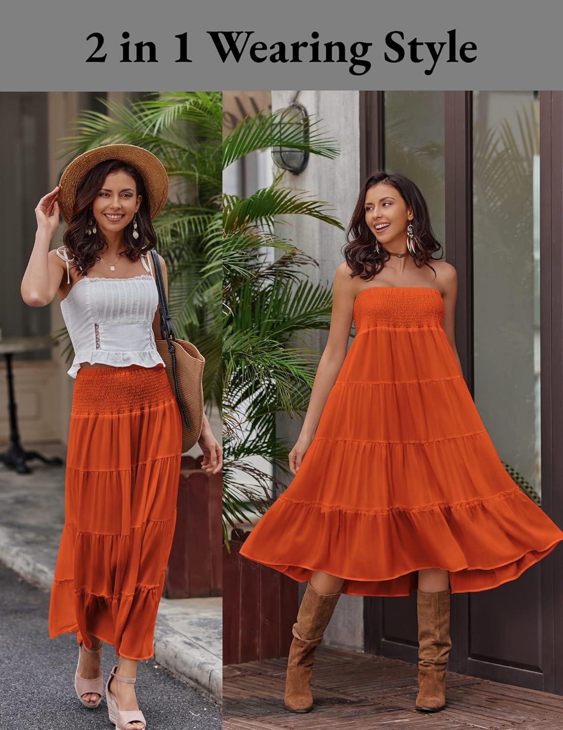 imageZeagoo Womens Long Maxi Skirts Tiered Elastic High Waist Boho Double Layered Print ALine Casual Midi DressCaramel