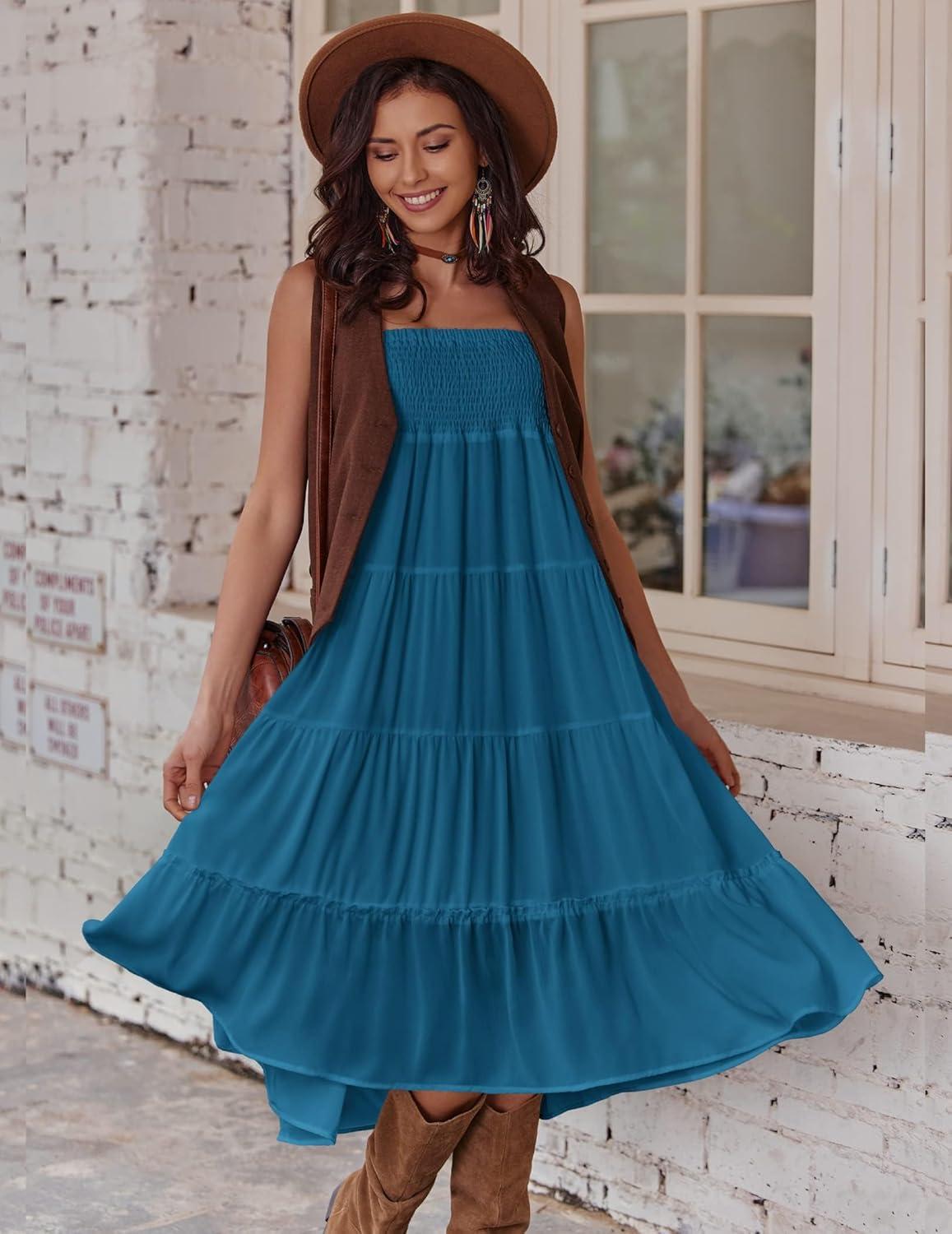 imageZeagoo Womens Long Maxi Skirts Tiered Elastic High Waist Boho Double Layered Print ALine Casual Midi DressLake Blue
