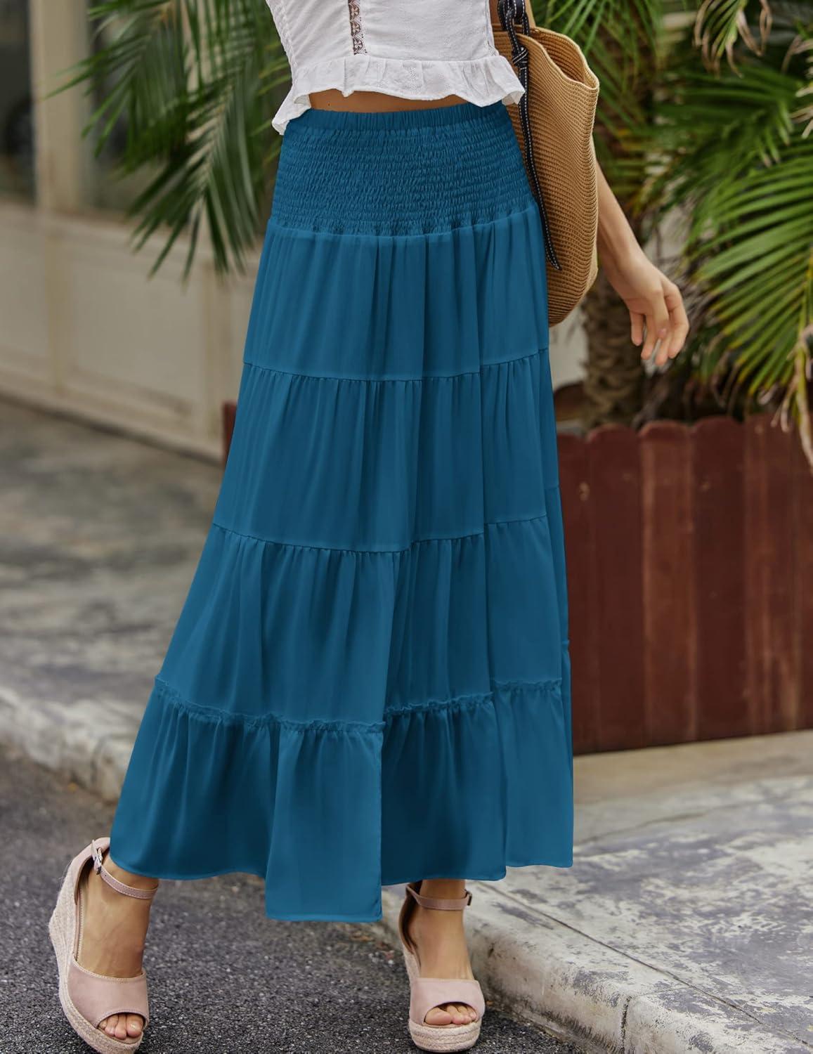 imageZeagoo Womens Long Maxi Skirts Tiered Elastic High Waist Boho Double Layered Print ALine Casual Midi DressLake Blue