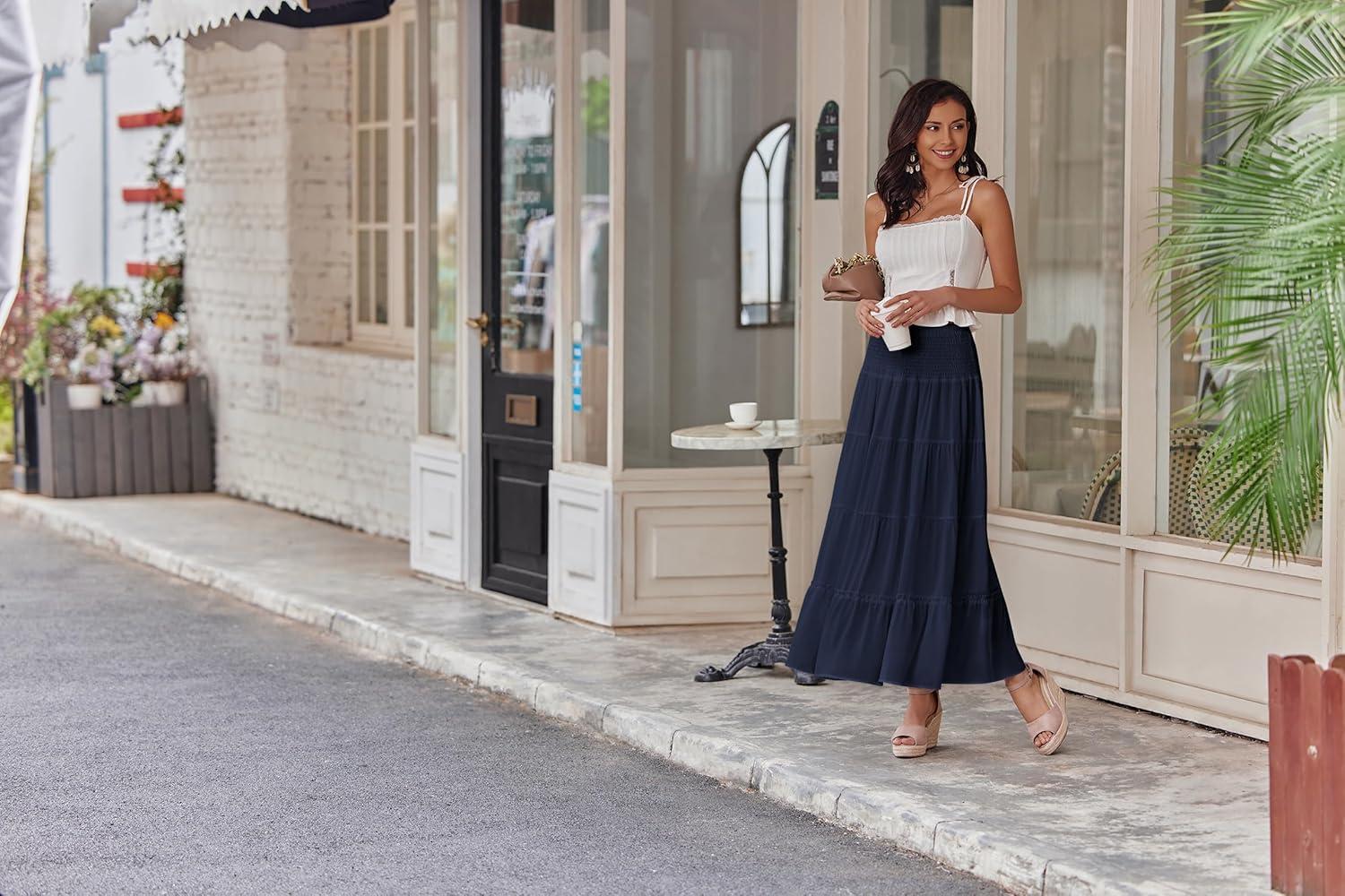imageZeagoo Womens Long Maxi Skirts Tiered Elastic High Waist Boho Double Layered Print ALine Casual Midi DressNavy Blue
