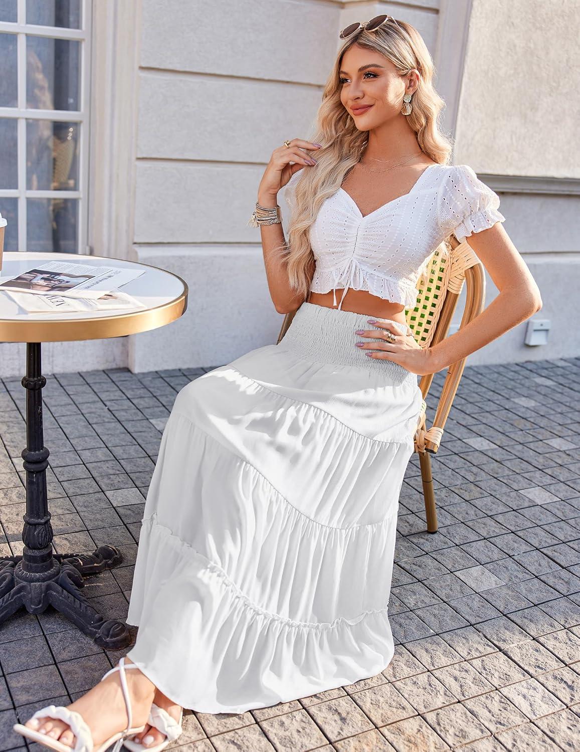 imageZeagoo Womens Long Maxi Skirts Tiered Elastic High Waist Boho Double Layered Print ALine Casual Midi DressWhite