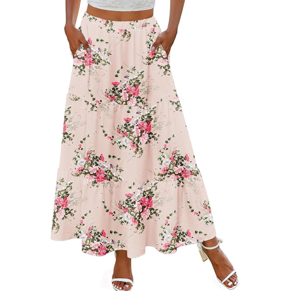 imageZeagoo Skirts for Women Summer Boho Casual Maxi Flowy Elastic High Waist ALine Tiered Swing Floral Long Skirts with PocketsBeige Floral