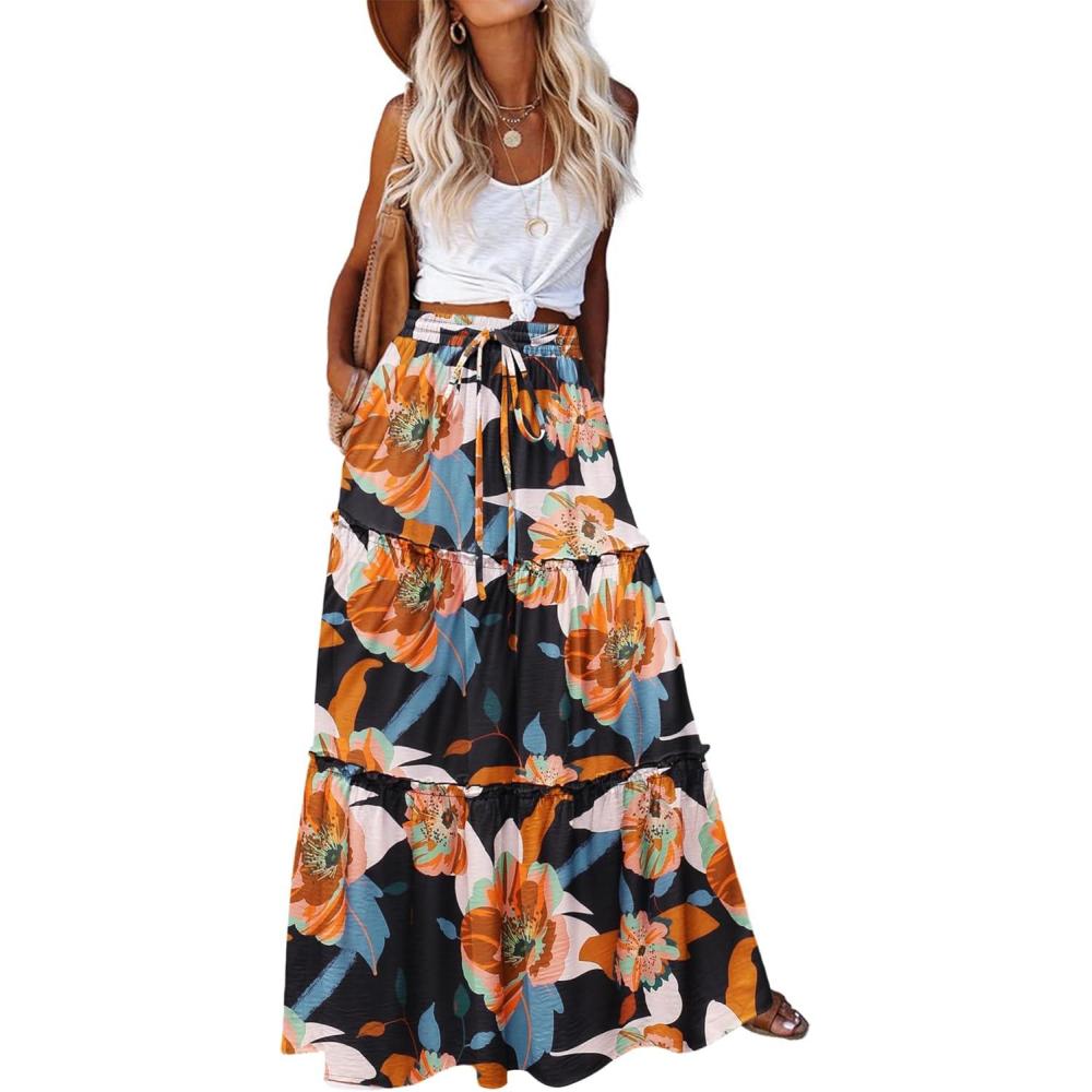 imageZeagoo Womens Casual Maxi Skirts for Women 2025 High Waist Boho Skirts Floral Printed Long Flowy Skirt with PocketsBlackfloralprinted