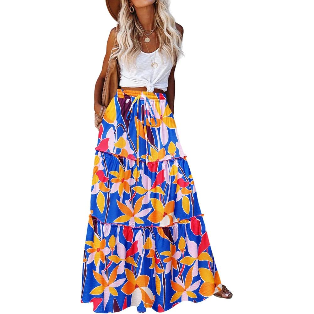 imageZeagoo Womens Casual Maxi Skirts for Women 2025 High Waist Boho Skirts Floral Printed Long Flowy Skirt with PocketsBlue Floral
