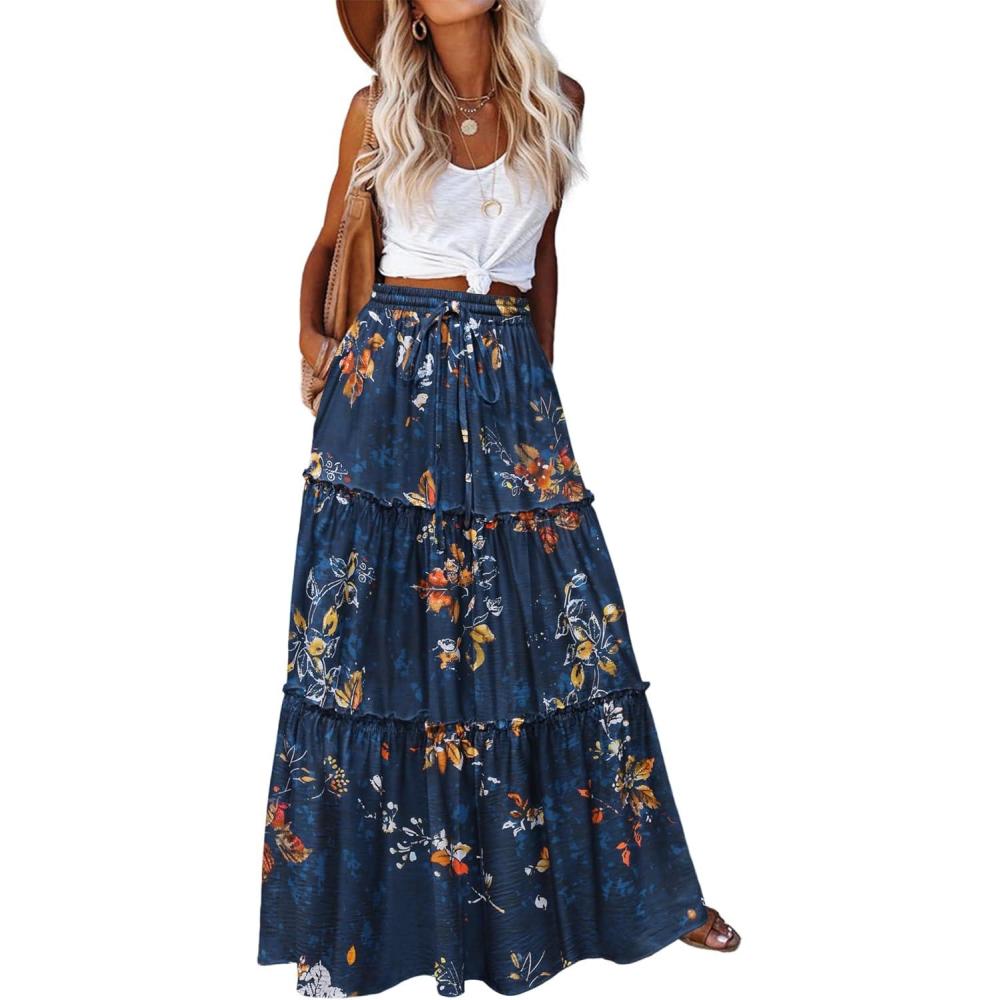 imageZeagoo Womens Casual Maxi Skirts for Women 2025 High Waist Boho Skirts Floral Printed Long Flowy Skirt with PocketsBlue Floral Printed