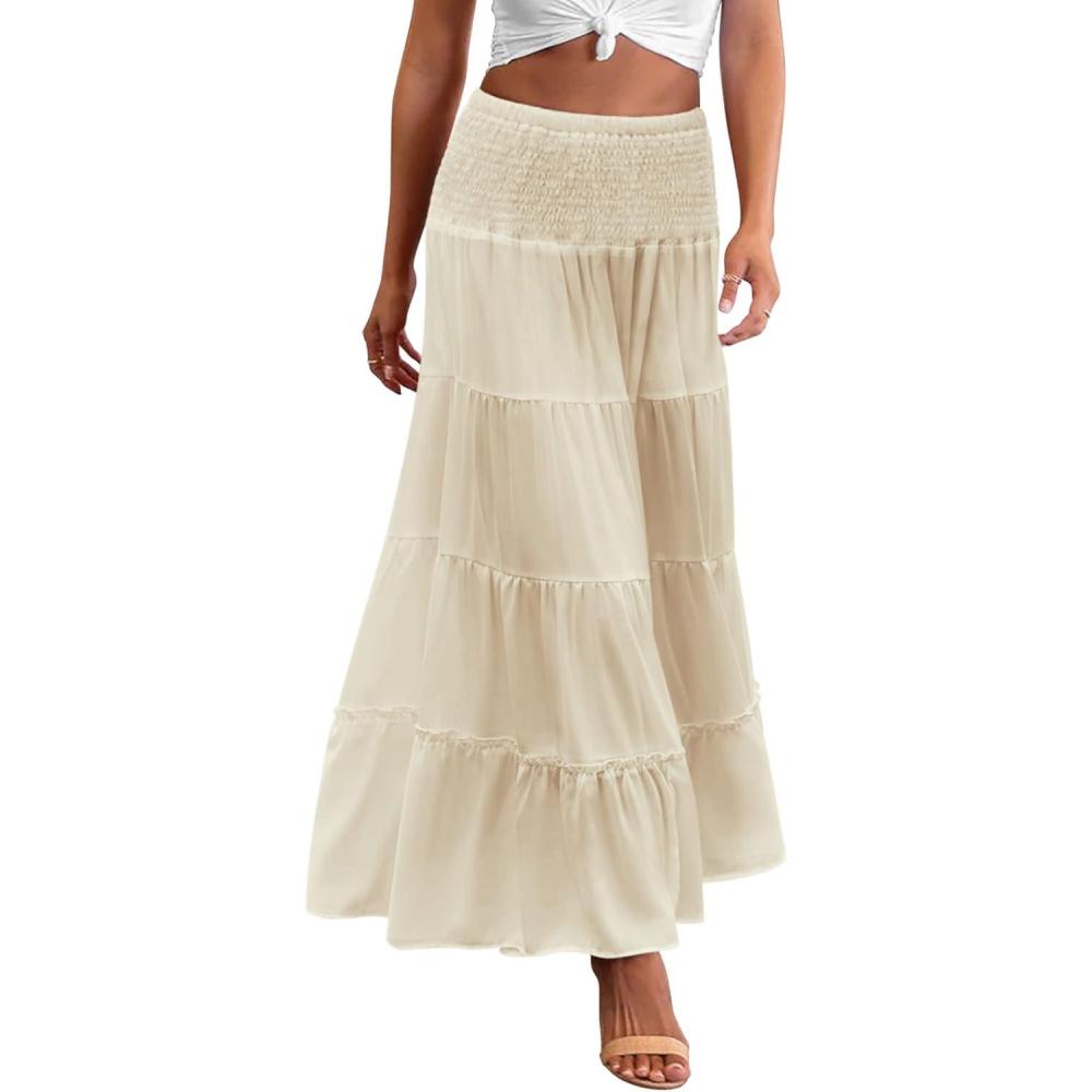imageZeagoo Womens Long Maxi Skirts Tiered Elastic High Waist Boho Double Layered Print ALine Casual Midi DressBeige