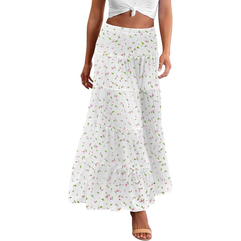 imageZeagoo Womens Long Maxi Skirts Tiered Elastic High Waist Boho Double Layered Print ALine Casual Midi DressPattern 3