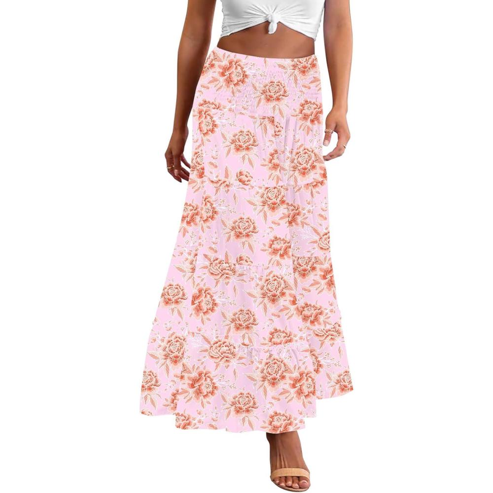 imageZeagoo Womens Long Maxi Skirts Tiered Elastic High Waist Boho Double Layered Print ALine Casual Midi DressPink Orange Floral