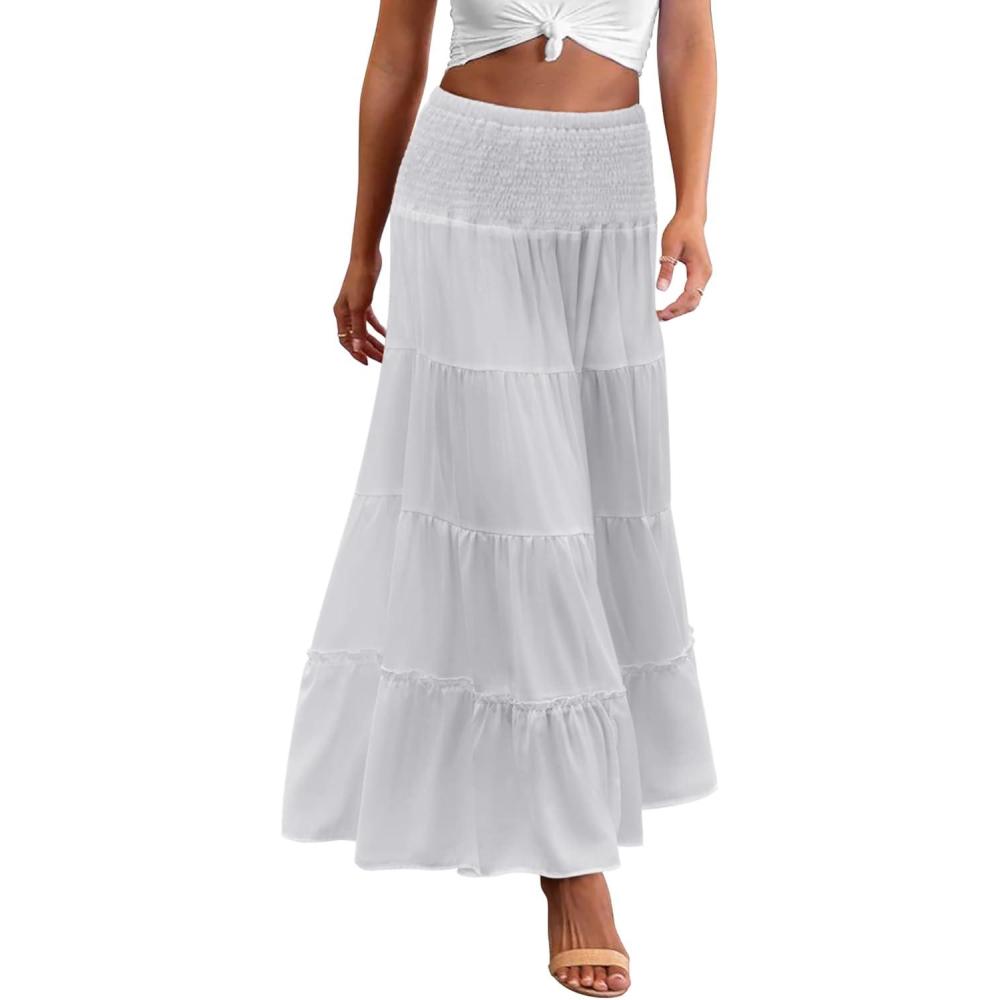 imageZeagoo Womens Long Maxi Skirts Tiered Elastic High Waist Boho Double Layered Print ALine Casual Midi DressWhite