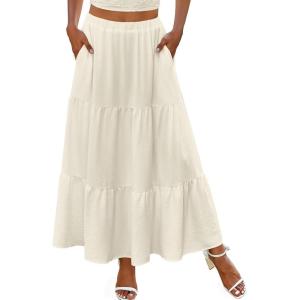 imageZeagoo Skirts for Women Summer Boho Casual Maxi Flowy Elastic High Waist ALine Tiered Swing Floral Long Skirts with PocketsBeige