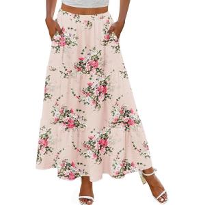 imageZeagoo Skirts for Women Summer Boho Casual Maxi Flowy Elastic High Waist ALine Tiered Swing Floral Long Skirts with PocketsBeige Floral