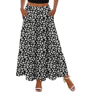 imageZeagoo Skirts for Women Summer Boho Casual Maxi Flowy Elastic High Waist ALine Tiered Swing Floral Long Skirts with PocketsBlack Floral 01