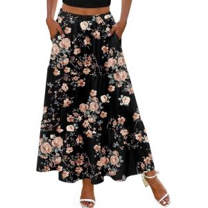 imageZeagoo Skirts for Women Summer Boho Casual Maxi Flowy Elastic High Waist ALine Tiered Swing Floral Long Skirts with PocketsBlack Floral 02
