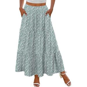 imageZeagoo Skirts for Women Summer Boho Casual Maxi Flowy Elastic High Waist ALine Tiered Swing Floral Long Skirts with PocketsGreen