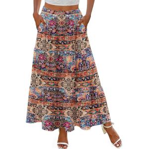 imageZeagoo Skirts for Women Summer Boho Casual Maxi Flowy Elastic High Waist ALine Tiered Swing Floral Long Skirts with PocketsMulticoloured