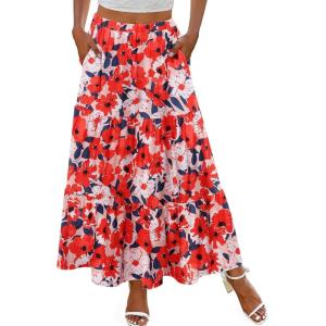 imageZeagoo Skirts for Women Summer Boho Casual Maxi Flowy Elastic High Waist ALine Tiered Swing Floral Long Skirts with PocketsRed Floral