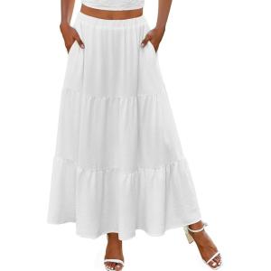 imageZeagoo Skirts for Women Summer Boho Casual Maxi Flowy Elastic High Waist ALine Tiered Swing Floral Long Skirts with PocketsWhite