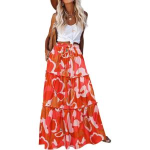 imageZeagoo Womens Casual Maxi Skirts for Women 2025 High Waist Boho Skirts Floral Printed Long Flowy Skirt with PocketsRedprinted
