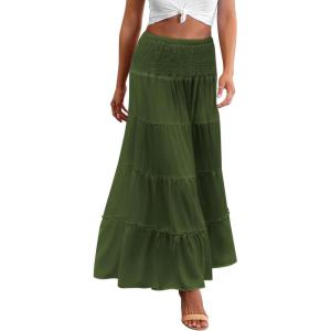 imageZeagoo Womens Long Maxi Skirts Tiered Elastic High Waist Boho Double Layered Print ALine Casual Midi DressArmy Green