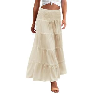 imageZeagoo Womens Long Maxi Skirts Tiered Elastic High Waist Boho Double Layered Print ALine Casual Midi DressBeige