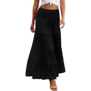 imageZeagoo Womens Long Maxi Skirts Tiered Elastic High Waist Boho Double Layered Print ALine Casual Midi DressBlack