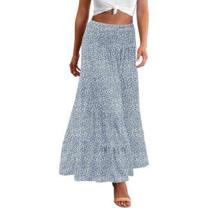 imageZeagoo Womens Long Maxi Skirts Tiered Elastic High Waist Boho Double Layered Print ALine Casual Midi DressBlue White Floral