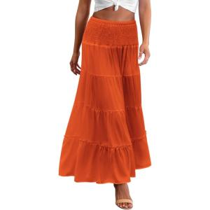 imageZeagoo Womens Long Maxi Skirts Tiered Elastic High Waist Boho Double Layered Print ALine Casual Midi DressCaramel