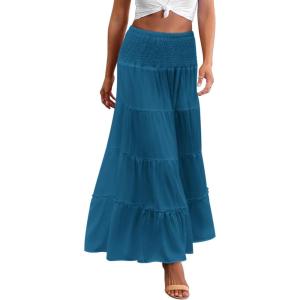 imageZeagoo Womens Long Maxi Skirts Tiered Elastic High Waist Boho Double Layered Print ALine Casual Midi DressLake Blue