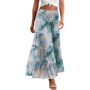 imageZeagoo Womens Long Maxi Skirts Tiered Elastic High Waist Boho Double Layered Print ALine Casual Midi DressPattern 1