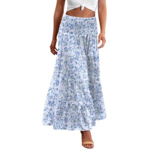 imageZeagoo Womens Long Maxi Skirts Tiered Elastic High Waist Boho Double Layered Print ALine Casual Midi DressPattern 2