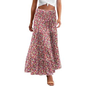 imageZeagoo Womens Long Maxi Skirts Tiered Elastic High Waist Boho Double Layered Print ALine Casual Midi DressPattern 5