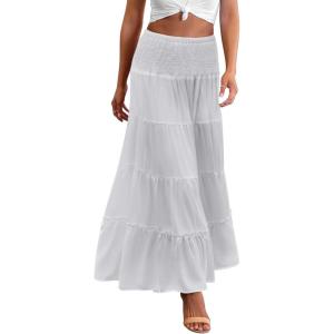 imageZeagoo Womens Long Maxi Skirts Tiered Elastic High Waist Boho Double Layered Print ALine Casual Midi DressWhite