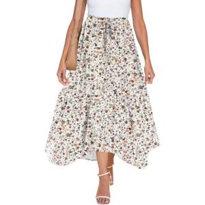 imageZeagoo Long Skirts for Women High Waist A Line Skirt Casual Flowy Tiered Skirt with Pockets Summer Floral Boho SkirtWhite Floral