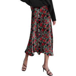 imageZeagoo Skirts for Women Jacquard High Waist Skirt Black Elegant Midi Skirt SatinRed Floral